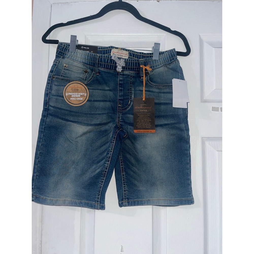 Weatherproof Vintage Boys Indigo Knit Denim Pull On Shorts Medium Wash Blue NWT